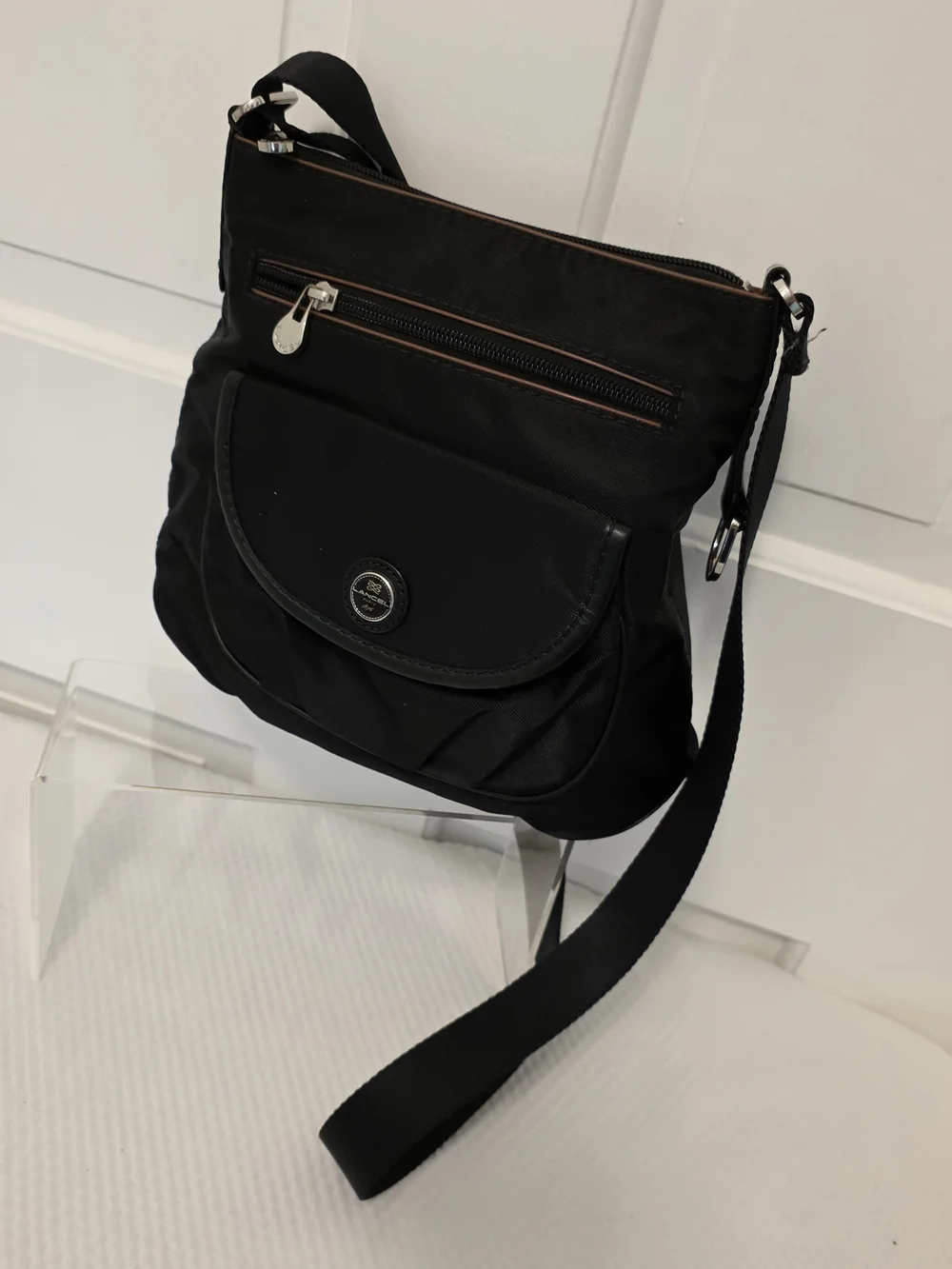 Lancel Paris Black Nylon Crossbody Bag with Front Flap & Zip Pockets Lightweight